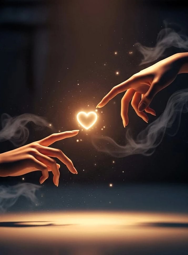 Two hands reaching toward a glowing heart