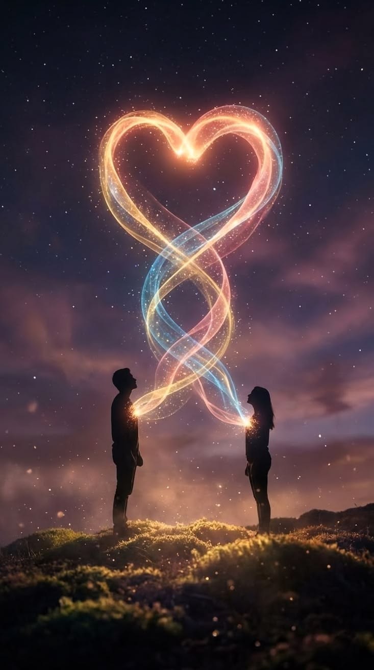 Two people connected by a luminous heart